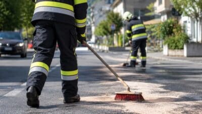 Zwei Feuerwehrleute in Einsatzkleidung mit reflektierenden Streifen kehren eine Straße
