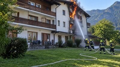 Feuerwehrleute in Schutzausrüstung löschen mit Schläuchen einen Brand an einem großen Gebäude.