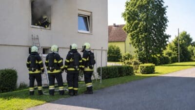 Vier Feuerwehrleute beobachten einen Kollegen am verrauchten Fenster eines Hauses.