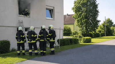 Feuerwehrleute in Schutzausrüstung vor einem verrauchten Gebäude mit einem Kameraden im Fenster
