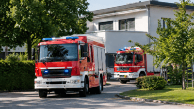 Zwei rote Feuerwehrfahrzeuge mit Blaulicht parken auf einer asphaltierten Wohnstraße vor einem weißen Gebäude.