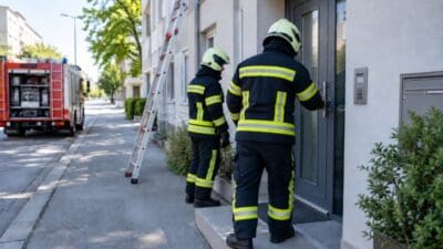 Zwei Feuerwehrleute in Schutzkleidung stehen vor einem Hauseingang, einer öffnet die Tür, Feuerwehrfahrzeug im Hintergrund.