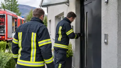 Feuerwehrleute in dunkler Schutzkleidung mit gelben Reflexstreifen an einer schwarzen Haustür mit einem Einsatzfahrzeug im Hintergrund.