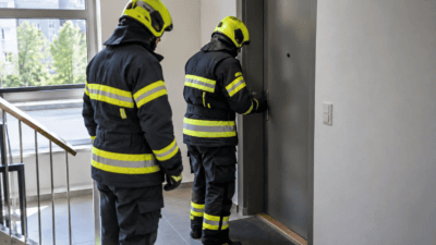 Zwei Feuerwehrleute in dunkler Schutzkleidung mit gelben Helmen stehen vor einer grauen Tür.