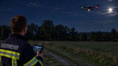 Ein Feuerwehrmann steuert eine Drohne mit einer Fernbedienung bei Nacht im Mondlicht.