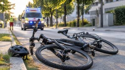 Ein gestürztes schwarzes E-Bike liegt auf der Straße neben einem Helm mit einem Rettungswagen im Hintergrund.