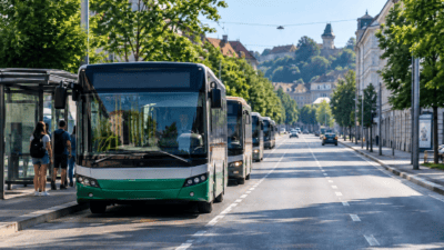 Grüne Busse fahren in einer Kolonne auf einer sonnigen Stadtallee in Graz.