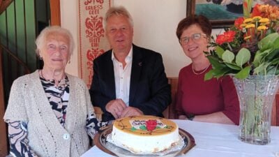 Ältere Frau, Mann im Anzug und Frau mit Brille sitzen an einem Tisch mit Torte.