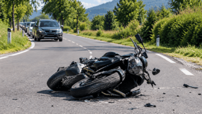 Ein umgestürztes schwarzes Motorrad liegt auf einer Landstraße mit einem SUV im Hintergrund.