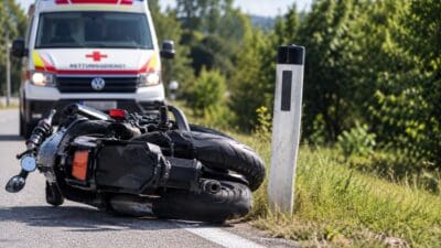 Ein umgestürztes Motorrad liegt am Straßenrand neben einem Rettungswagen.