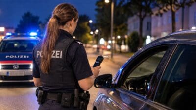 Polizistin in Uniform steht mit dem Rücken zur Kamera neben einem Auto und hält ein Messgerät.