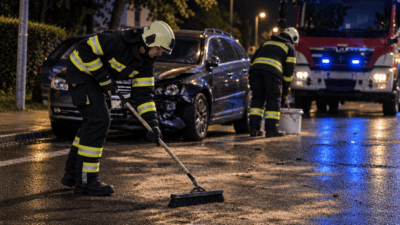 Feuerwehrmann in dunkler Uniform mit reflektierenden Streifen kehrt die Straße vor einem Unfallwagen bei Nacht