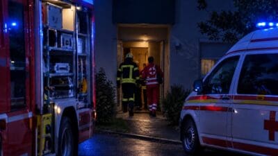 Zwei Rettungskräfte betreten bei Nacht ein Wohnhaus, daneben stehen Feuerwehrfahrzeug und Rettungswagen mit Blaulicht.