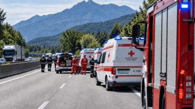 Weiße Rettungswagen mit Rotkreuz-Logo und ein rotes Feuerwehrfahrzeug auf einer Autobahn mit Einsatzpersonal