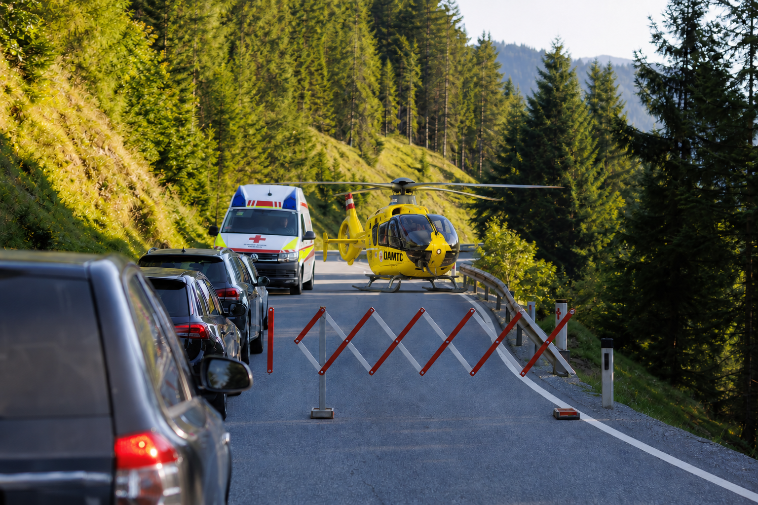 Gelber ÖAMTC-Hubschrauber steht hinter einer Absperrung auf einer Alpenstraße mit Rettungswagen und Autos.