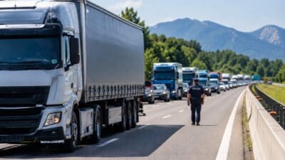 Ein Polizist läuft auf der Autobahn neben einem weißen Lkw und einer langen Fahrzeugkolonne.