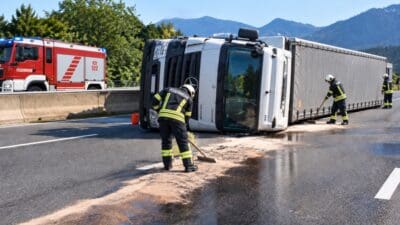 Feuerwehrleute in Einsatzkleidung räumen eine Verschmutzung neben einem umgestürzten weißen Sattelzug auf der Autobahn.