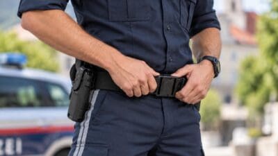 Nahaufnahme eines Polizisten in dunkelblauer Uniform mit Pistolenholster am Gürtel