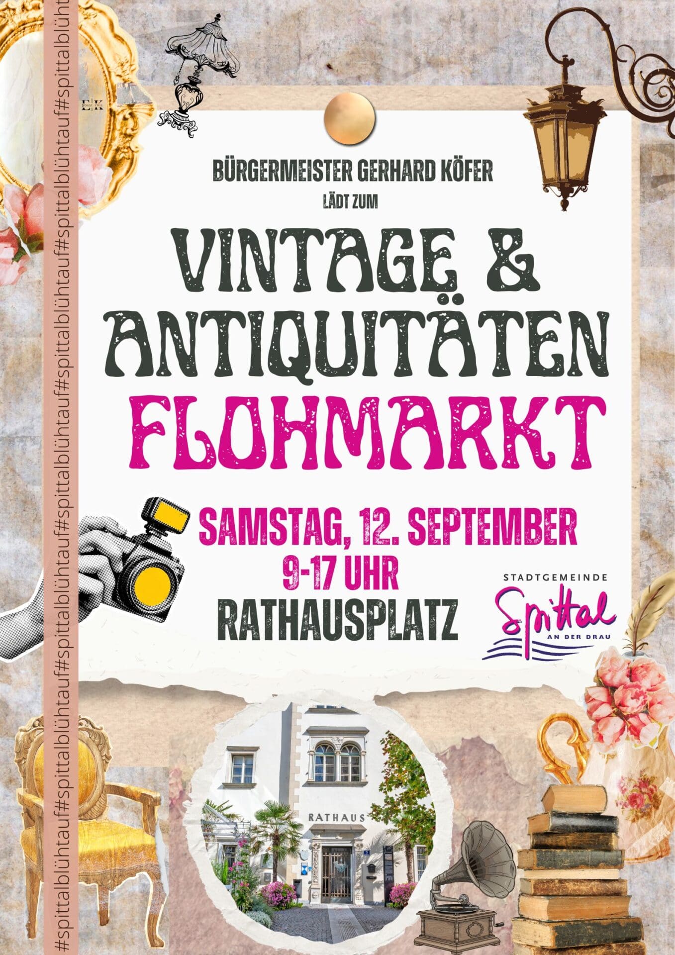 Plakat mit großer Schrift für den Vintage- und Antiquitätenflohmarkt und Bild des Rathauses