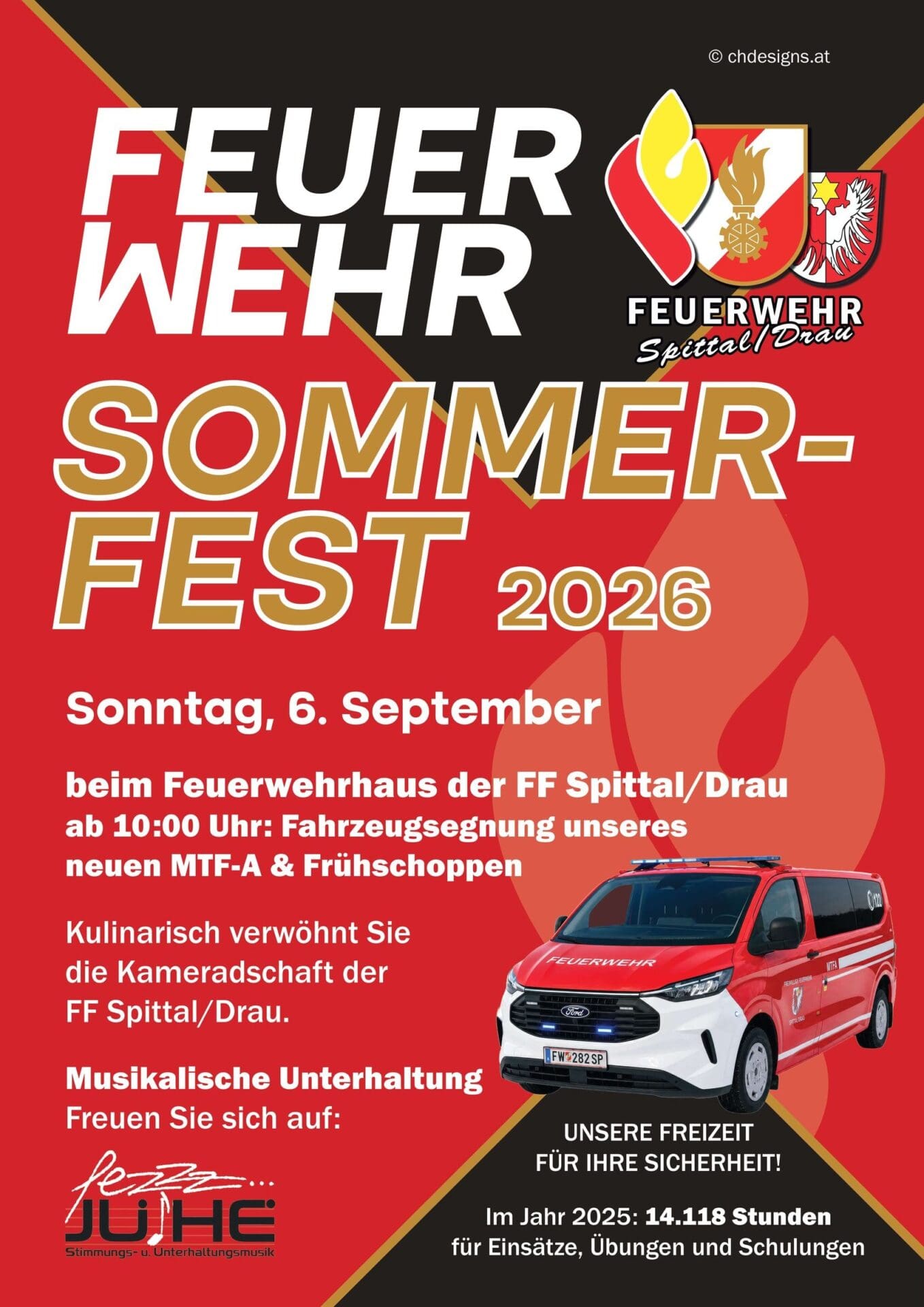 Werbeplakat für das Feuerwehr Sommerfest 2026 der Freiwilligen Feuerwehr Spittal an der Drau mit einem roten Ford Transporter