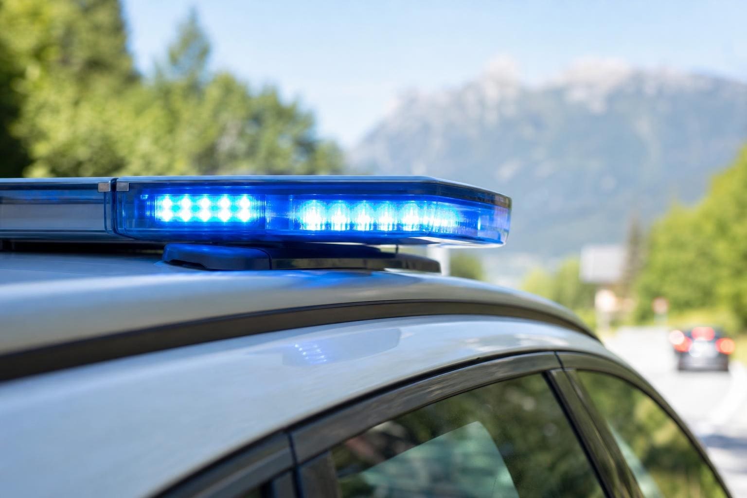 Ein eingeschalteter blauer Blaulichtbalken auf dem Dach eines Polizeiautos bei Tageslicht.