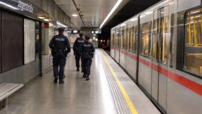 Drei Polizisten in Uniform gehen auf dem Bahnsteig neben einem U-Bahn-Zug in der Station Jägerstraße.