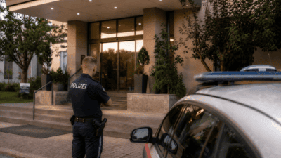 Rückenansicht eines Polizisten vor einem modernen Gebäude mit Glasfassade und einem Streifenwagen im Vordergrund.