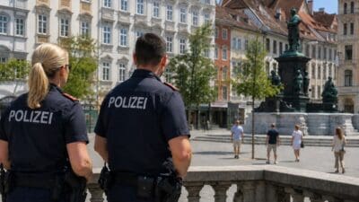Zwei Polizisten in Uniform stehen an einer Steinbalustrade und blicken auf einen historischen Platz mit Brunnen.