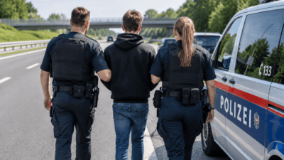 Zwei Polizisten führen einen Mann in schwarzem Hoodie neben einem Polizeiwagen auf der Autobahn.