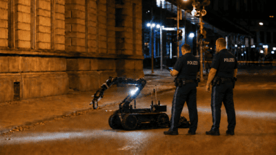 Zwei Polizisten stehen neben einem Roboter mit ausgefahrenem Greifarm auf einer nächtlichen Straße.