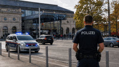 Polizist in Uniform von hinten vor einem Polizeiwagen mit Blaulicht am historischen Wiener Hauptbahnhof