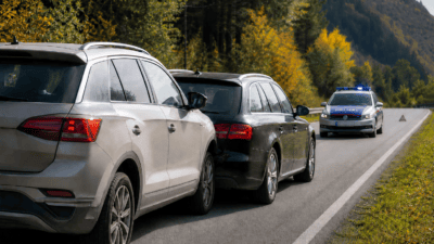 Polizeiwagen mit Blaulicht hinter zwei SUVs auf einer herbstlichen Waldstraße