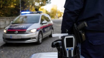 Polizist in Uniform hält ein Alkoholtestgerät vor einem Streifenwagen mit Blaulicht