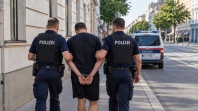 Zwei Polizisten in Uniform eskortieren einen mit Handschellen gefesselten Mann auf einem Bürgersteig.