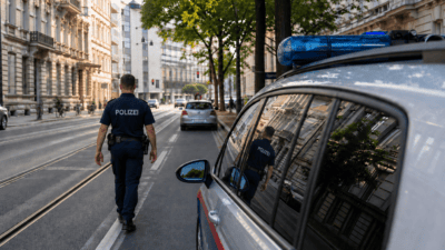 Polizist in Uniform geht neben einem Streifenwagen mit Blaulicht auf einer Wiener Straße.