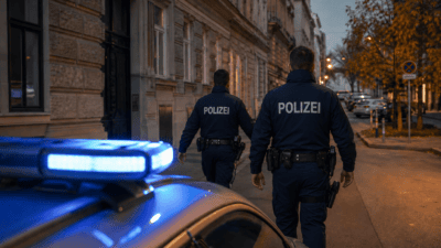 Zwei Polizisten in blauer Uniform gehen hintereinander auf einem Gehweg an einem Polizeifahrzeug mit Blaulicht vorbei.