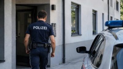 Ein Polizist in dunkelblauer Uniform geht mit dem Rücken zur Kamera auf den Eingang eines hellen Gebäudes zu.