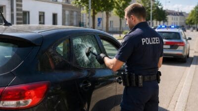 Polizist in Uniform zerschlägt die Seitenscheibe eines schwarzen Autos mit einem Hammer