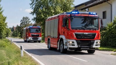Zwei rote Feuerwehrfahrzeuge mit Blaulicht fahren auf einer sonnigen Straße.