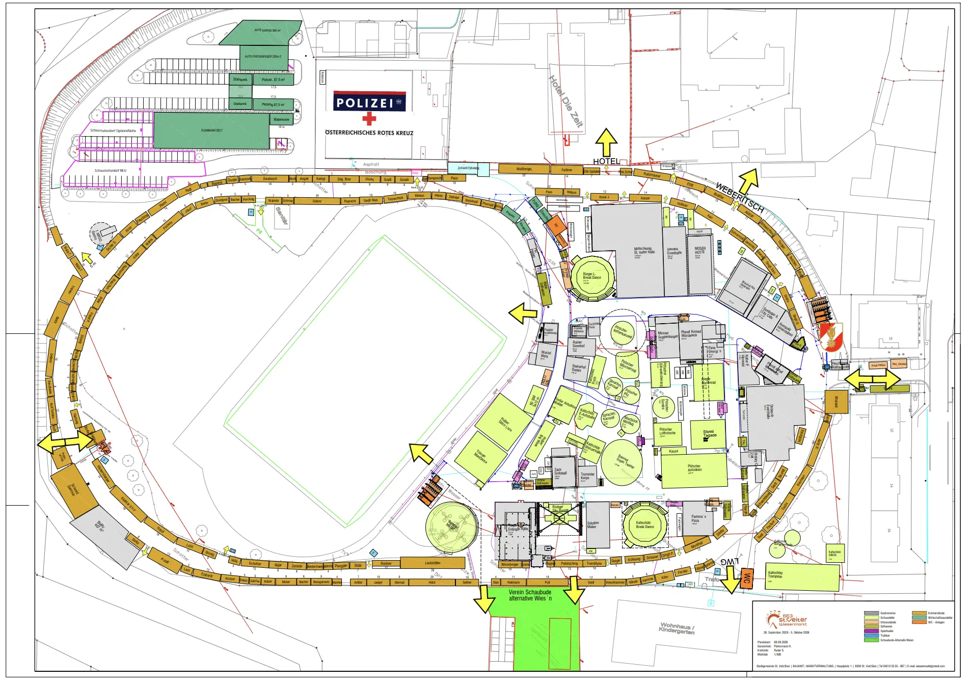Übersichtsplan des St. Veiter Wiesenmarkts mit Marktständen, Veranstaltungsbereichen und Wegen