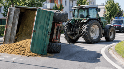 Ein umgestürzter grüner Anhänger liegt neben einem Traktor auf der Straße mit einem Polizeifahrzeug im Hintergrund.