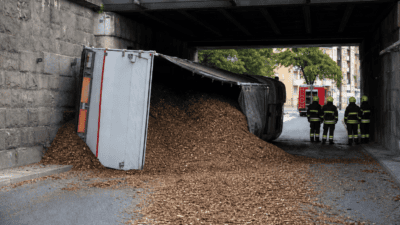 Umgestürzter Lkw-Anhänger unter einer Brücke mit ausgeschüttetem Hackgut und Feuerwehrleuten in der Unterführung