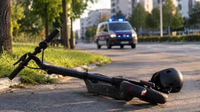 Umgestürzter E-Scooter mit Helm liegt auf dem Gehweg vor einem Polizeiwagen mit Blaulicht.