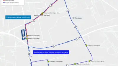 Karte zeigt die Linienführung der Linie A in Klagenfurt mit markierten Haltestellen und Fahrtrouten.