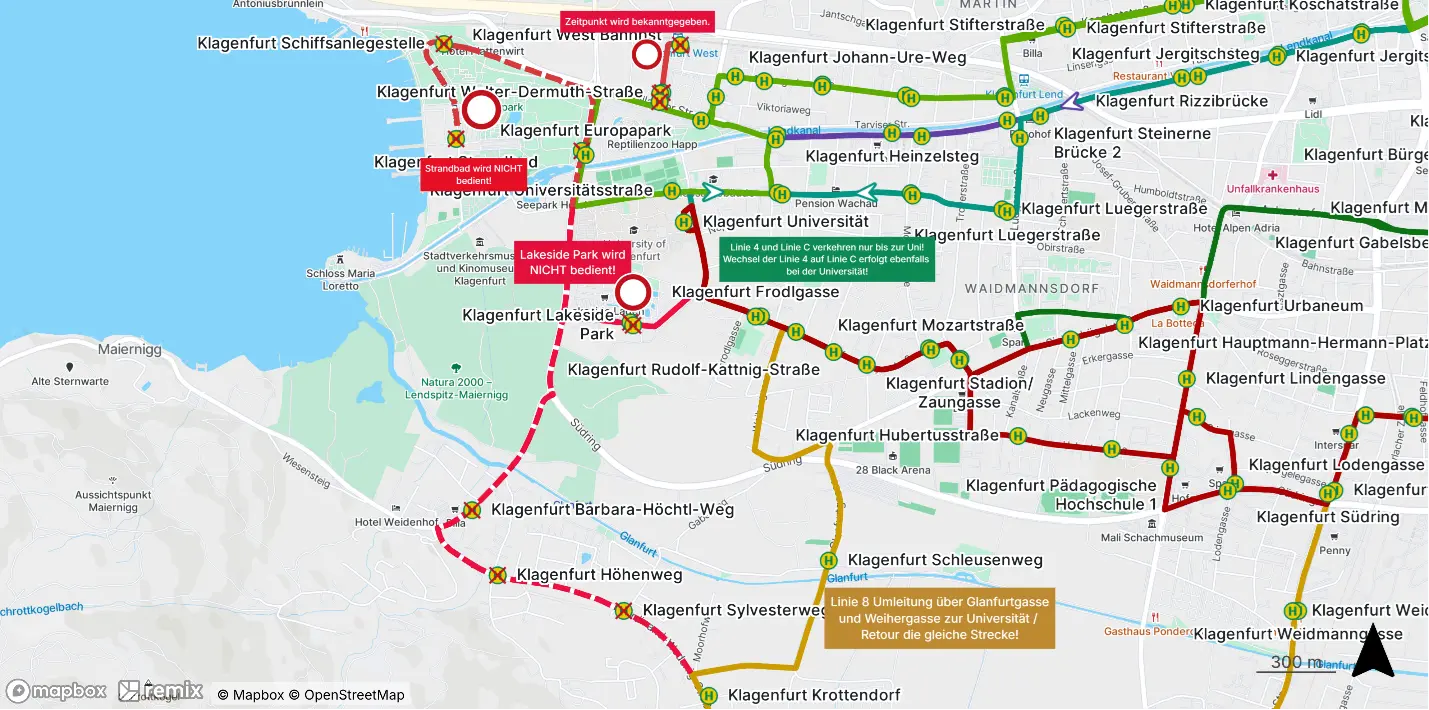 Stadtplan von Klagenfurt mit farbigen Buslinien und Hinweistexten zu Umleitungen und Haltestellen.