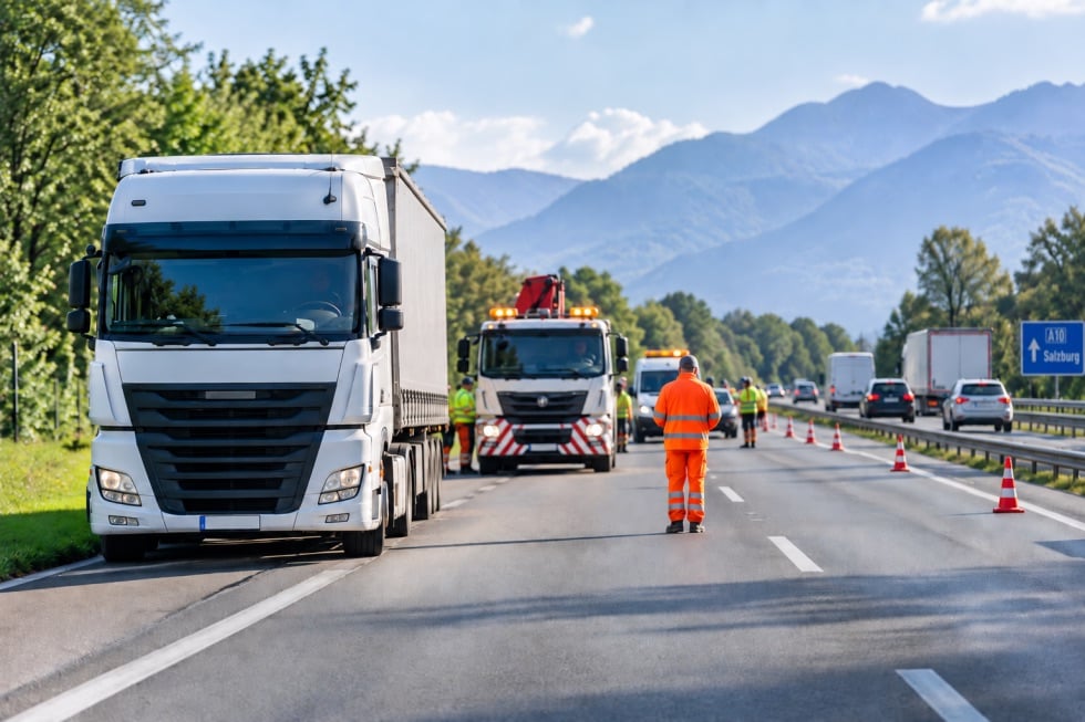 Einsatzkräfte in Warnkleidung bei einer Verkehrskontrolle auf der Alpenautobahn mit Lkw und Bergen im Hintergrund