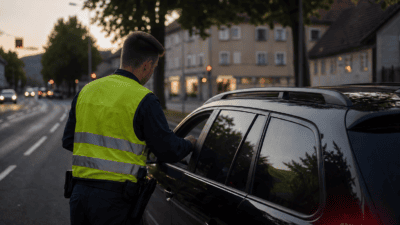 Polizist in gelber Warnweste lehnt sich zum Fenster eines schwarzen Autos bei Dämmerung