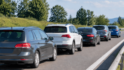Mehrere Pkw stehen hintereinander in einer Verkehrsschlange auf einer Landstraße.