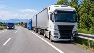 Weißer Lkw mit beschädigter Front steht an der Leitplanke einer Autobahn neben einem Feuerwehrfahrzeug