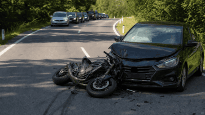 Ein schwarzes Auto mit schwer beschädigter Front und ein zerstörtes Motorrad auf einer Waldstraße.
